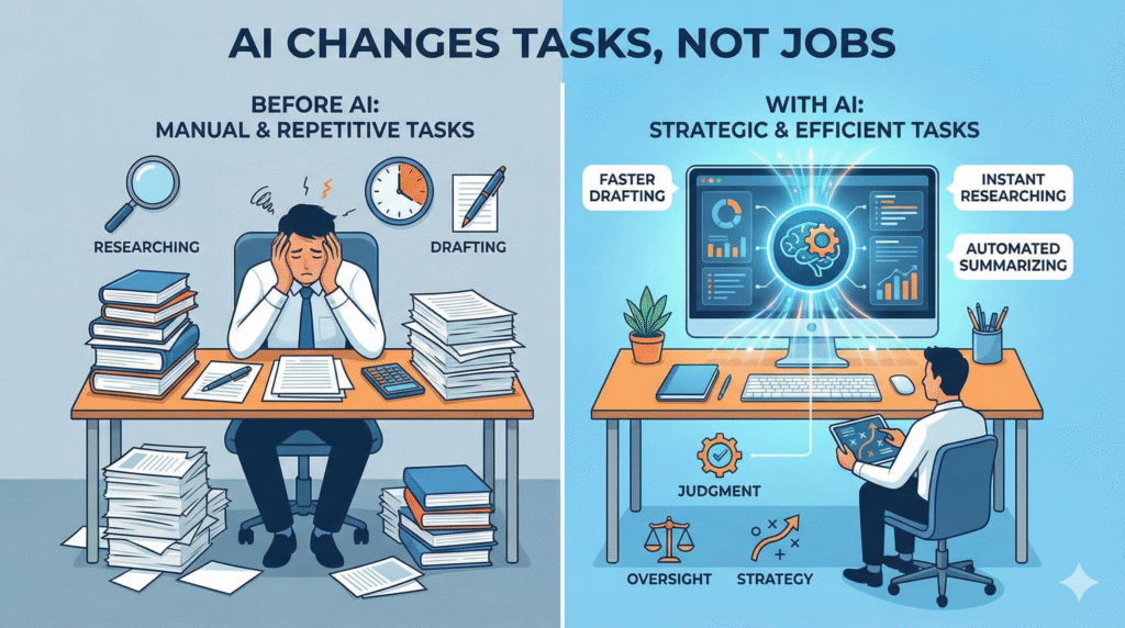 Side-by-side illustration titled “AI Changes Tasks, Not Jobs,” comparing manual and repetitive work like research and drafting before AI with faster drafting, instant research, automated summarizing, and higher-level judgment and strategy when using AI.