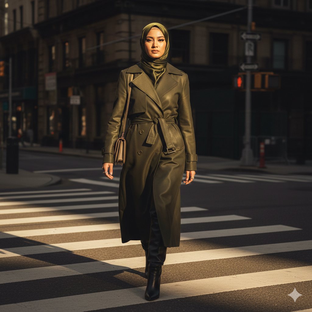 A woman wearing a hijab and a long belted coat walks confidently across a city crosswalk at night, with streetlights and buildings softly lit in the background.