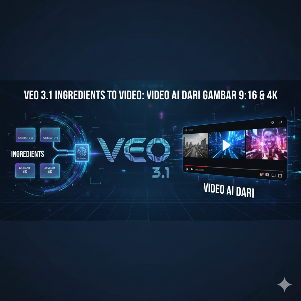 Banner grafik bertema teknologi memaparkan tajuk “Veo 3.1 Ingredients to Video: Video AI dari Gambar 9:16 & 4K” dengan visual futuristik berwarna biru gelap, elemen digital bercahaya, ikon “ingredients” seperti gambar dan resolusi 4K di sebelah kiri, serta paparan antaramuka video di sebelah kanan yang menggambarkan proses penukaran gambar kepada video menggunakan AI Veo 3.1.