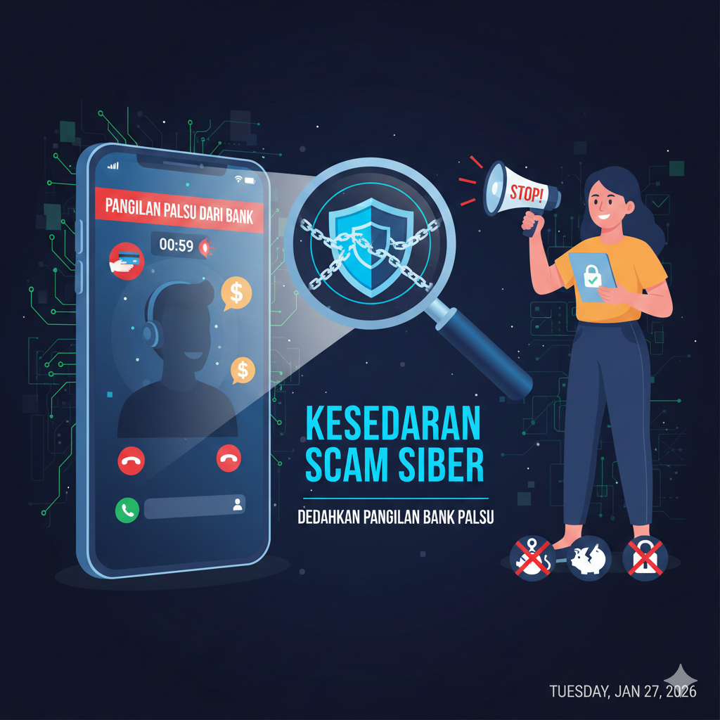 Ilustrasi panggilan palsu dari bank pada telefon pintar dengan ikon keselamatan, kaca pembesar pada perisai, dan mesej “Kesedaran Scam Siber: Dedahkan Panggilan Bank Palsu”.
