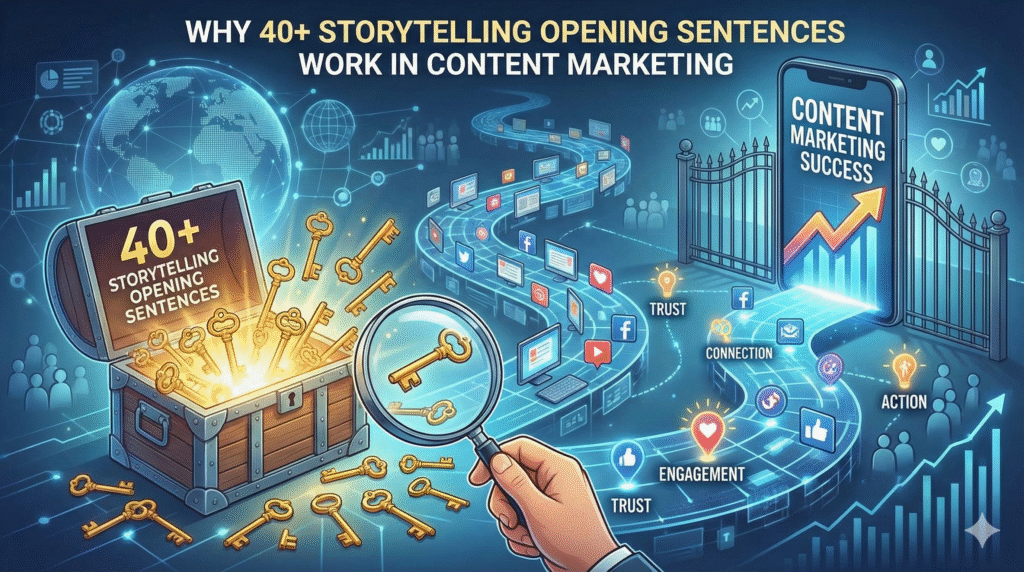 Infographic titled “Why 40+ Storytelling Opening Sentences Work in Content Marketing” showing a treasure chest labeled “40+ Story Opening Sentences,” keys, a magnifying glass, social media icons, and a smartphone with an upward graph to symbolize engagement, trust, and marketing success.