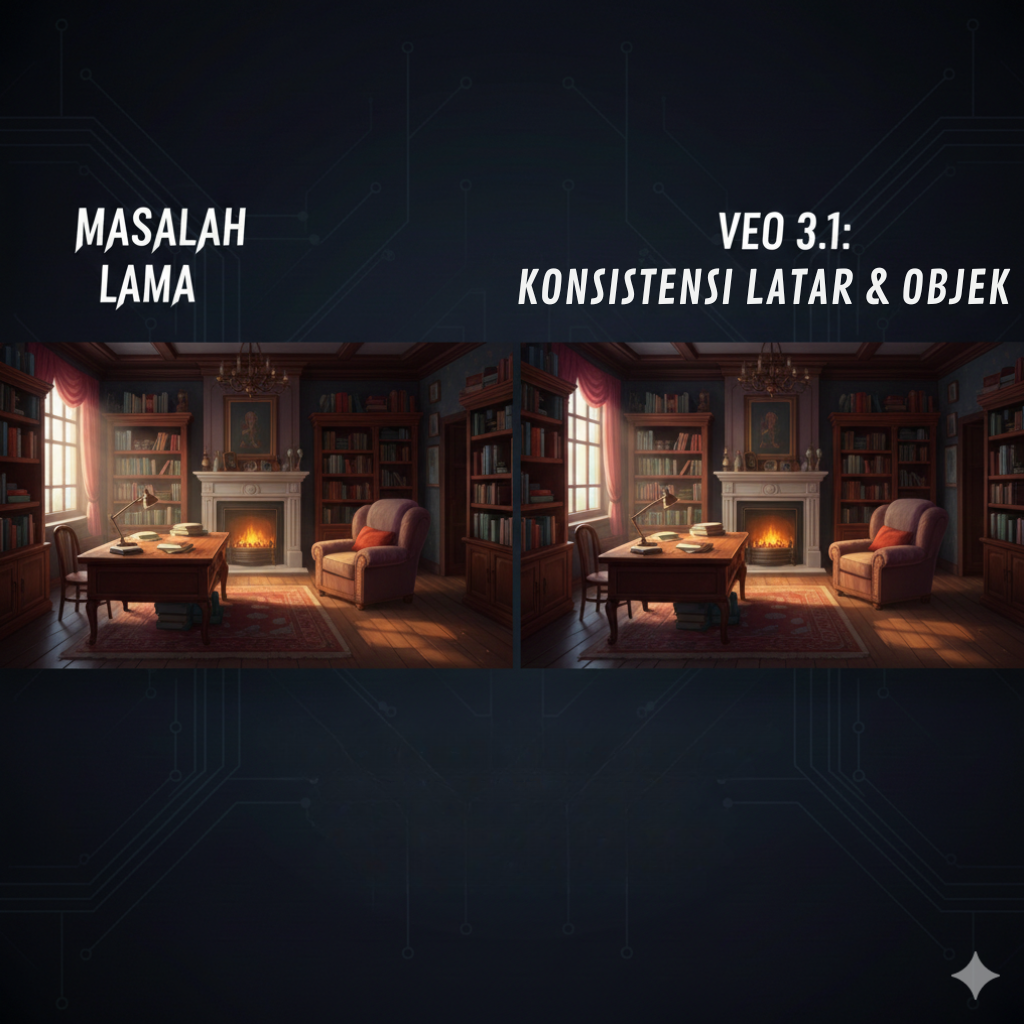 Side-by-side comparison labeled “Masalah Lama” and “Veo 3.1: Konsistensi Latar & Objek,” showing a cozy study room with a fireplace, armchair, desk, and bookshelves; the left image represents inconsistent backgrounds in older AI outputs, while the right shows the same room elements kept consistent with Veo 3.1.