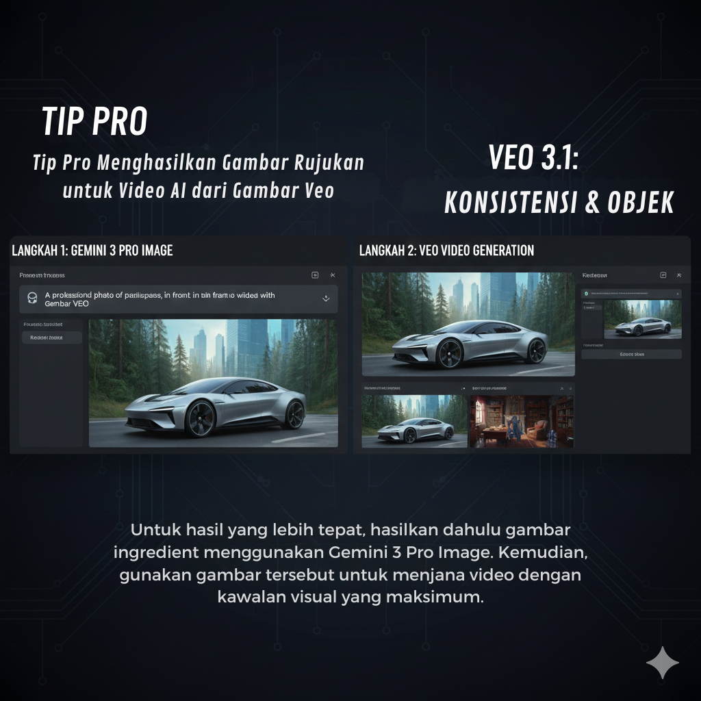 Infographic titled “Tip Pro Menghasilkan Gambar Rujukan untuk Video AI dari Gambar Veo” showing a two-step workflow: first generate a precise reference image using Gemini 3 Pro Image, then use that image in Veo video generation to achieve maximum visual consistency for objects and scenes.