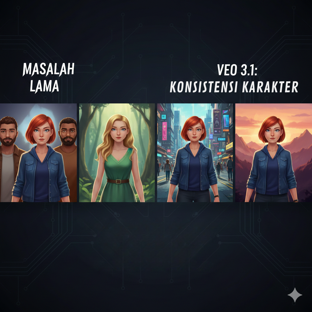 Comparison graphic labeled “Masalah Lama” vs “Veo 3.1: Konsistensi Karakter,” showing how earlier AI outputs changed a character’s appearance across scenes, while Veo 3.1 keeps the same red-haired female character consistent in different environments like a forest, city street, and desert landscape.