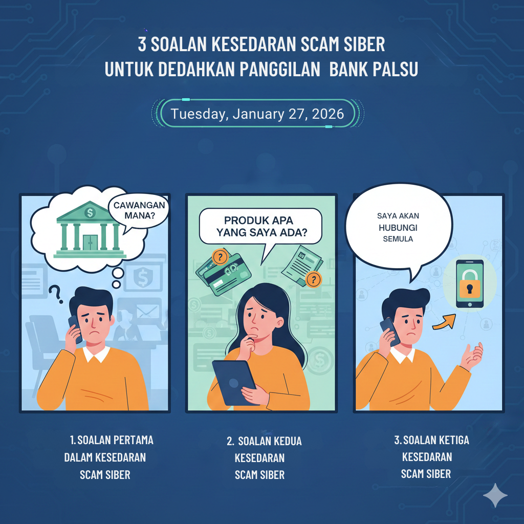 Infografik tiga soalan kesedaran scam siber untuk dedahkan panggilan bank palsu: tanya cawangan, produk akaun, dan hubungi semula melalui nombor rasmi.