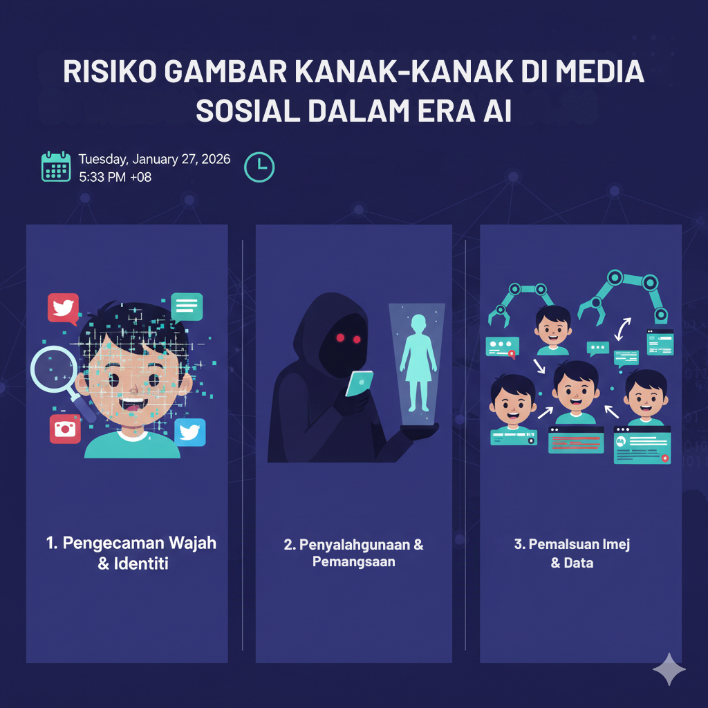 Infografik risiko gambar kanak-kanak di media sosial dalam era AI menunjukkan pengecaman wajah, penyalahgunaan pemangsa, dan pemalsuan imej serta data.