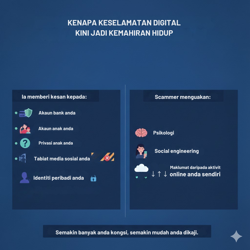 Infografik kenapa keselamatan digital jadi kemahiran hidup, menunjukkan kesan kepada akaun bank, privasi anak, identiti peribadi serta taktik scammer seperti psikologi dan social engineering.