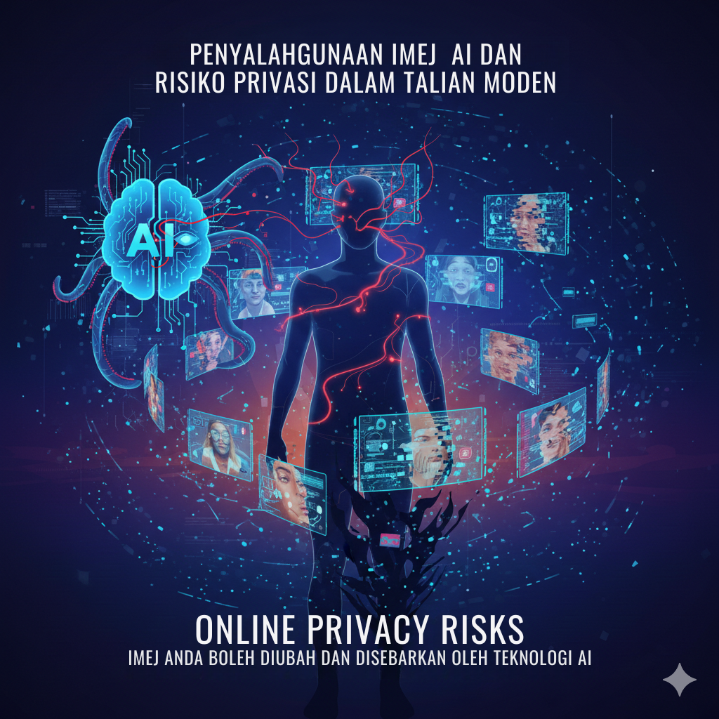 Ilustrasi penyalahgunaan imej oleh AI yang meningkatkan risiko privasi dalam talian apabila wajah individu digunakan dan dimanipulasi secara digital.
