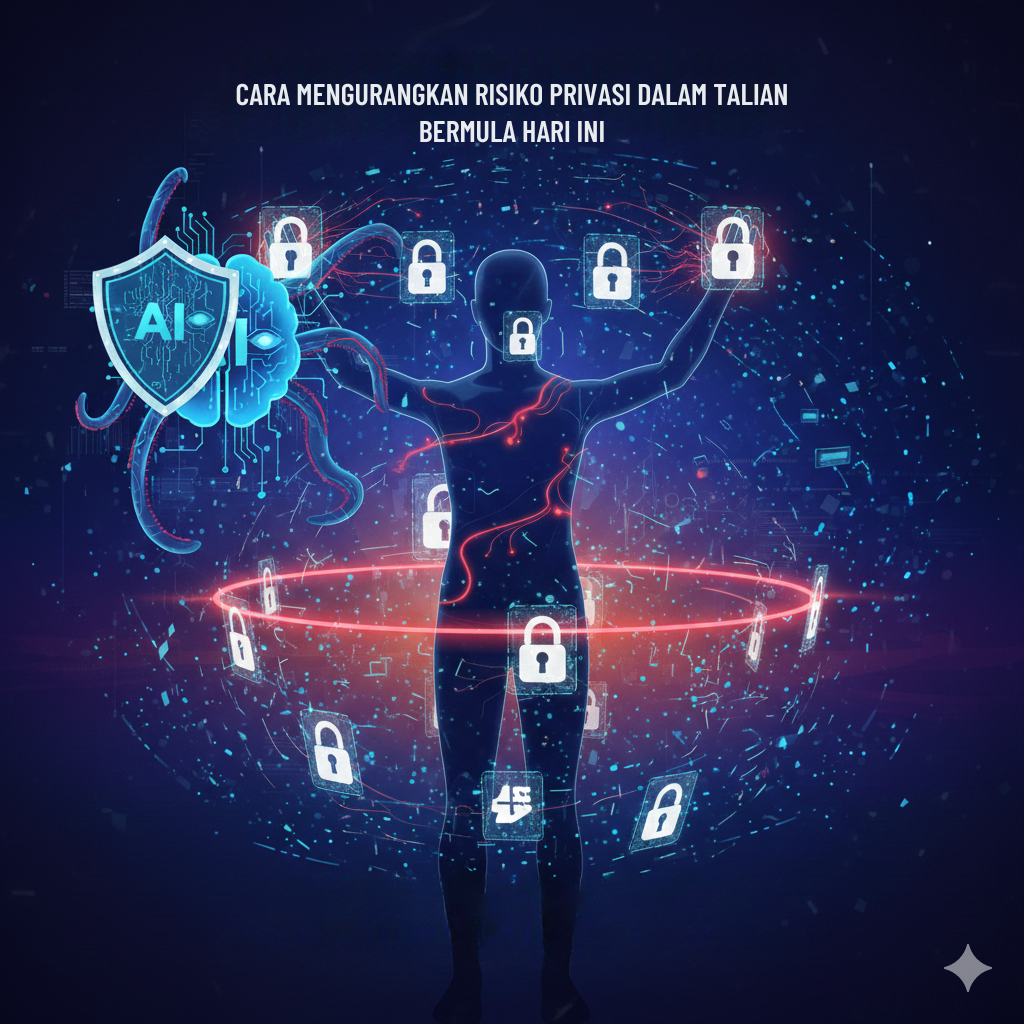 Ilustrasi langkah melindungi data peribadi untuk mengurangkan risiko privasi dalam talian dengan simbol kunci keselamatan dan perlindungan daripada ancaman siber.