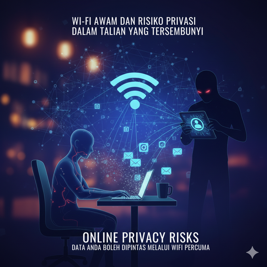 Ilustrasi risiko privasi dalam talian apabila menggunakan Wi-Fi awam, menunjukkan penggodam memintas data pengguna melalui rangkaian tidak selamat.
