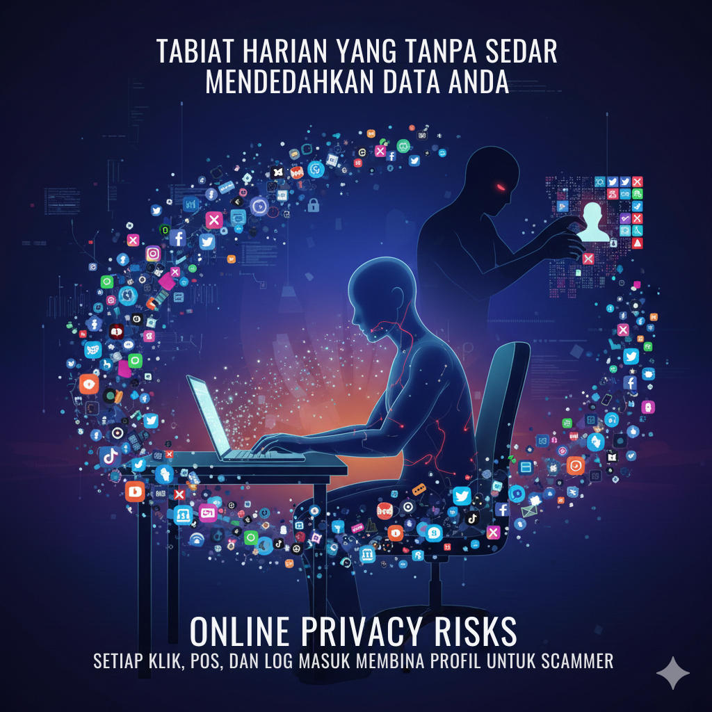 Ilustrasi cara mengurangkan risiko privasi dalam talian dengan perlindungan data, menunjukkan simbol kunci keselamatan dan pertahanan daripada ancaman AI serta serangan siber.
