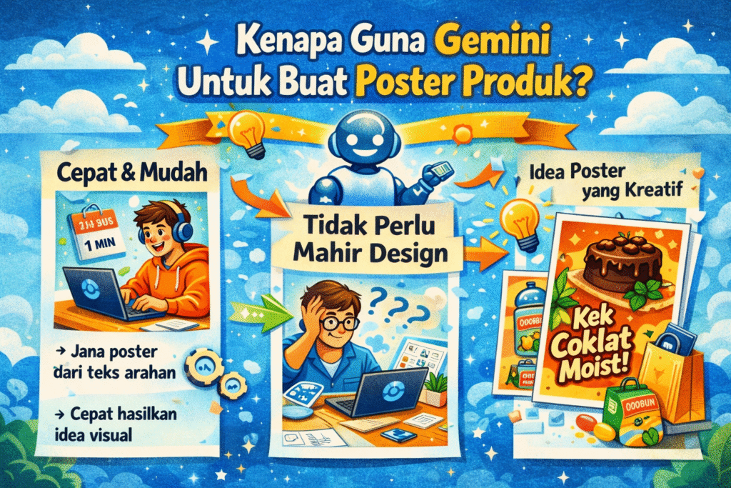 Illustrated infographic titled “Kenapa Guna Gemini Untuk Buat Poster Produk?” highlighting benefits such as fast and easy poster creation from text prompts, no design skills required, and generating creative poster ideas, with example snack and drink posters shown.
