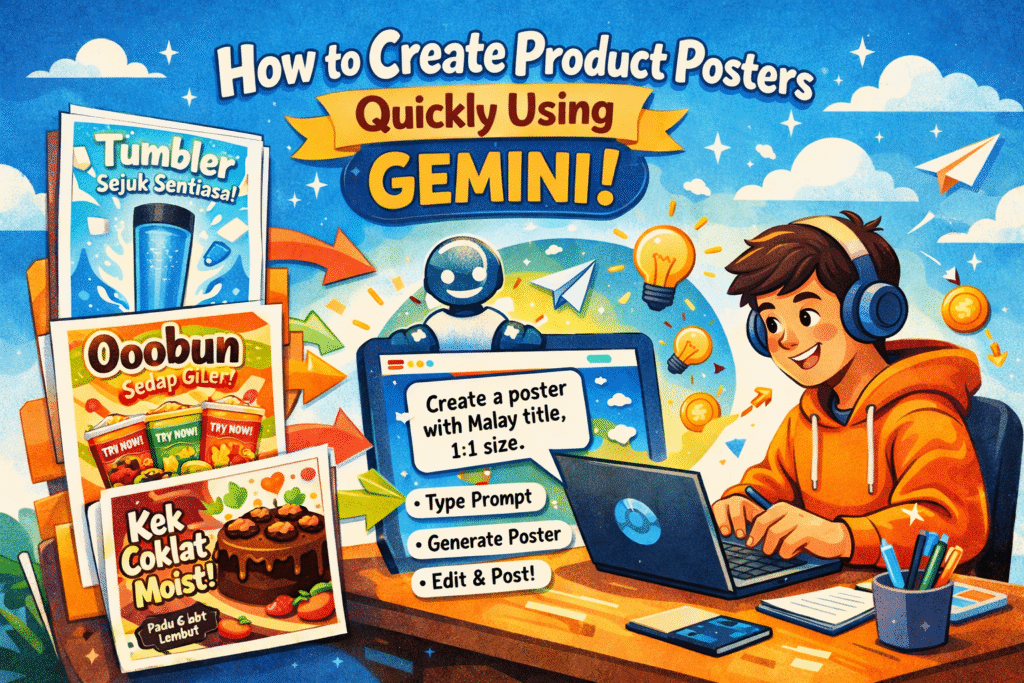 Colorful illustrated poster titled “How to Create Product Posters Quickly Using GEMINI!” showing a person at a laptop with icons for ideas and design, steps to create a poster, and sample Malay product posters like drinks and snacks displayed on the side.