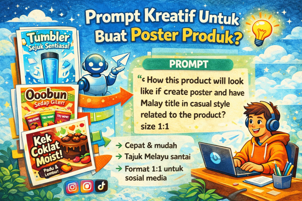 Illustrated guide titled “Prompt Kreatif Untuk Buat Poster Produk” showing a sample prompt for generating a product poster with a casual Malay title in 1:1 format, alongside example drink and snack posters and social media icons.
