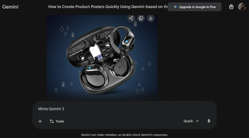 Screenshot of the Gemini interface displaying a generated product image of wireless earbuds in a charging case, illustrating the result after entering a prompt for creating a product poster.