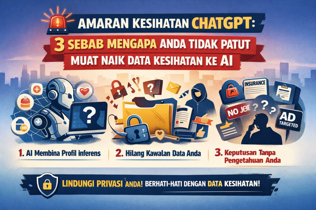 Infografik amaran tentang ChatGPT Health, menekankan risiko berkongsi data kesihatan dengan AI, dengan ikon simbolik privasi dan keselamatan digital.