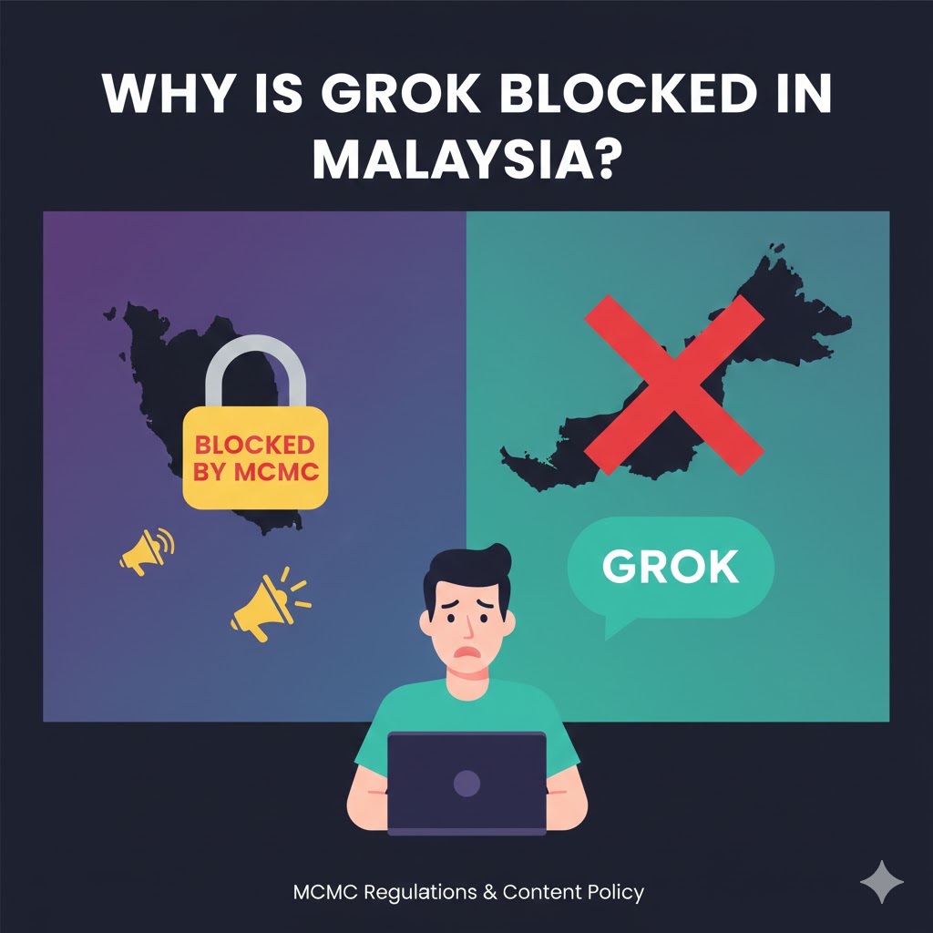 Graphic titled “Why is Grok Blocked in Malaysia?” showing a map with a padlock labeled “Blocked by MCMC,” a red X over a map silhouette, a worried person using a laptop, and the note “MCMC Regulations & Content Policy.”
