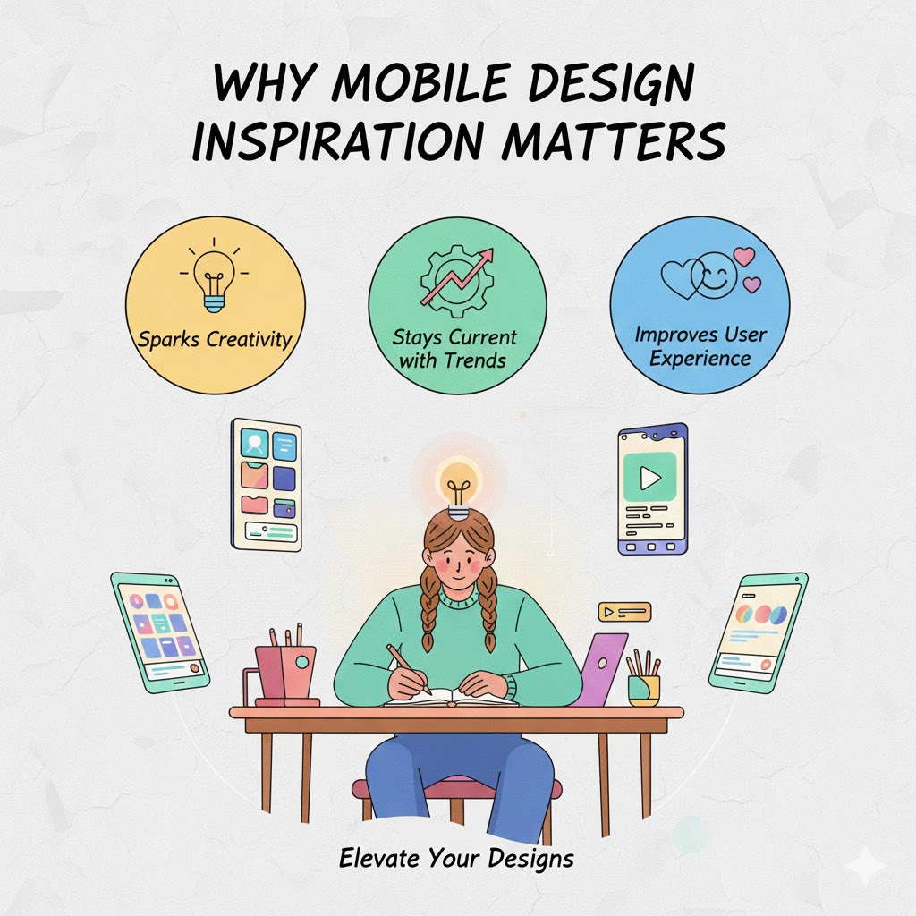 Illustration titled “Why Mobile Design Inspiration Matters” showing a person sketching at a desk, surrounded by mobile UI screens, with three highlighted benefits: sparks creativity, stays current with trends, and improves user experience, plus the tagline “Elevate Your Designs.”