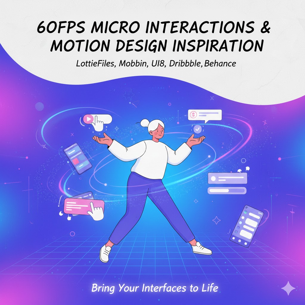 Illustration titled “60FPS Micro Interactions & Motion Design Inspiration” listing LottieFiles, Mobbin, UIB, Dribbble, and Behance, with a character surrounded by animated UI elements and the tagline “Bring Your Interfaces to Life.”