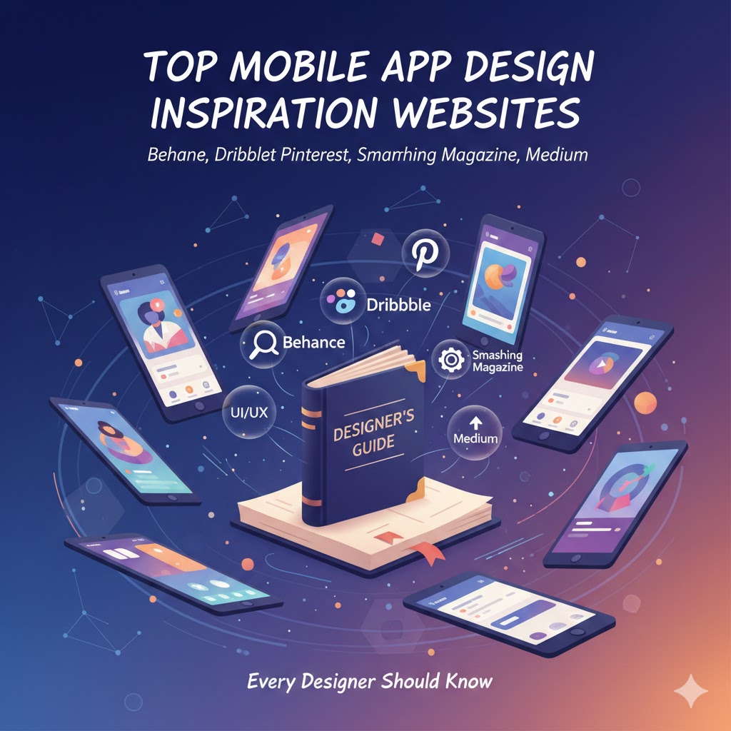 Infographic titled “Top Mobile App Design Inspiration Websites” listing Behance, Dribbble, Pinterest, Smashing Magazine, and Medium, with illustrated smartphones, UI/UX icons, and a central “Designer’s Guide” book to represent design resources every designer should know.