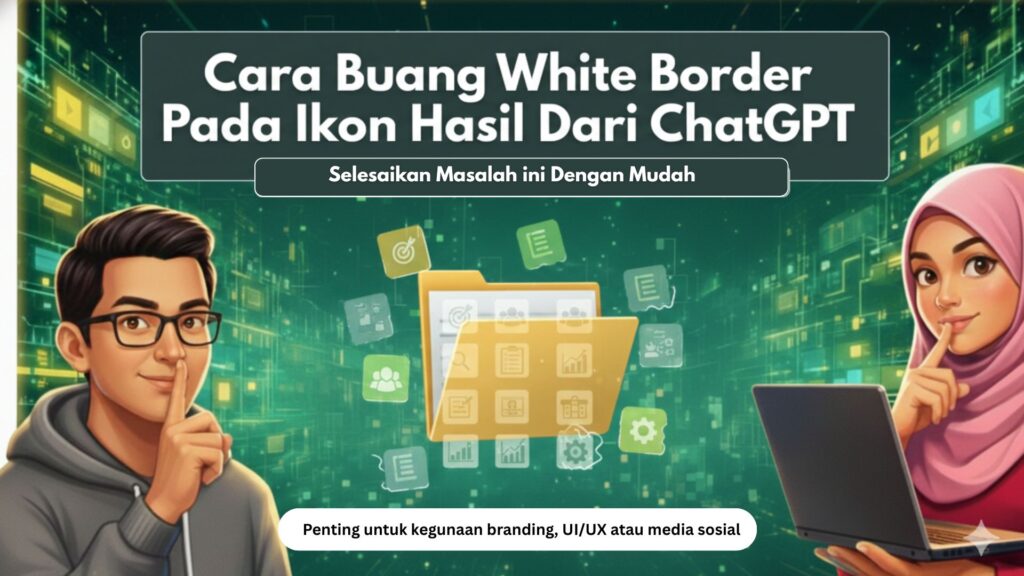 Gambar (thumbnail) pendidikan yang memaparkan tajuk "Cara Buang White Border Pada Ikon Hasil Dari ChatGPT" dengan subteks "Selesaikan Masalah ini Dengan Mudah". Latar belakang bertemakan teknologi digital berwarna hijau dengan ilustrasi watak lelaki bercermin mata dan wanita berhijab di sisi sebuah folder fail yang mengandungi pelbagai ikon aplikasi.