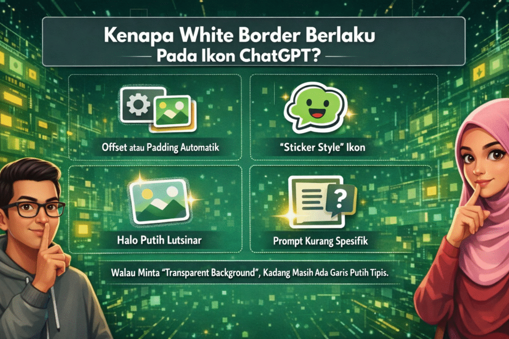 Infografik menerangkan sebab white border berlaku pada ikon ChatGPT seperti padding automatik, gaya sticker, halo putih dan prompt kurang spesifik.