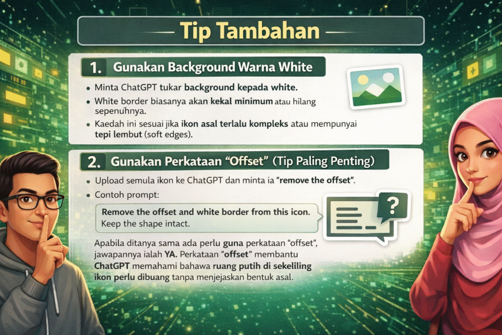 Infografik tip tambahan untuk buang white border pada ikon ChatGPT, menunjukkan penggunaan background putih dan teknik remove offset untuk hasil ikon lebih kemas tanpa garis putih.