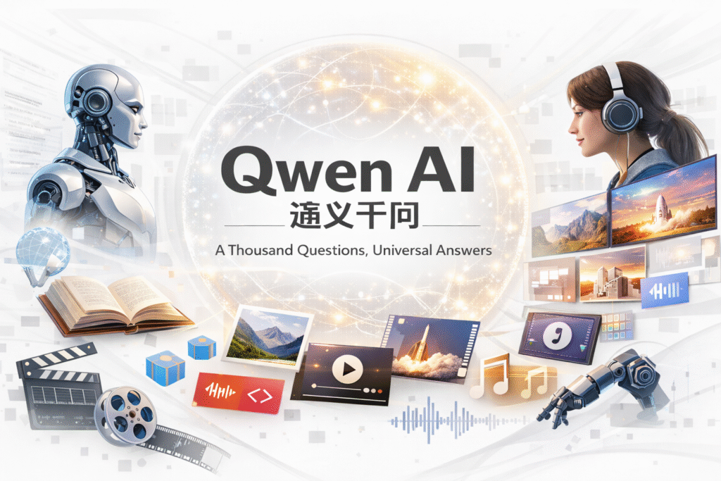 Illustrated banner showing Qwen AI by Alibaba Cloud, featuring a friendly robot, a robotic arm, and a glowing digital globe surrounded by icons for text, images, video, audio, and coding, representing multimodal artificial intelligence capabilities.