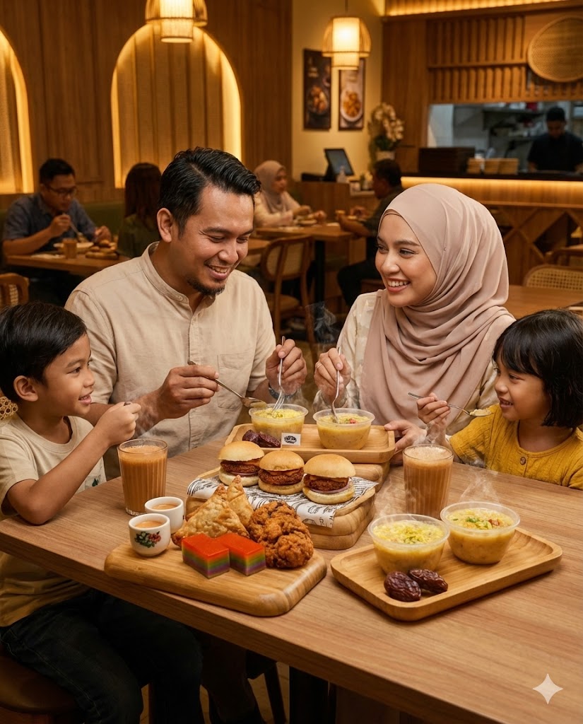 Foto sebuah keluarga Melayu Muslim (ayah berbaju krim, ibu bertudung merah jambu, dan dua anak) sedang tersenyum sambil menikmati hidangan Iftar Combo Set di dalam restoran Tea Kadai yang mempunyai hiasan dalaman moden dengan lampu hiasan bulat.