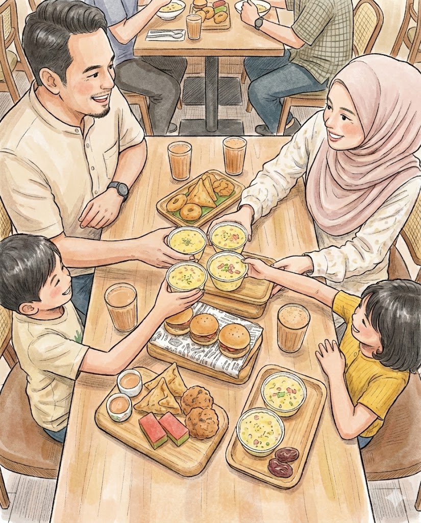 Ilustrasi berwarna gaya cat air menunjukkan sebuah keluarga Melayu (ayah, ibu, dan dua anak) sedang menikmati Iftar Combo Set di sebuah restoran. Mereka kelihatan gembira sambil menghulurkan tangan untuk mengambil mangkuk bubur di tengah meja.