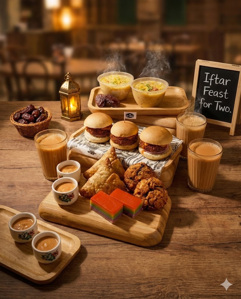 Foto estetik set kombo Iftar yang disusun secara profesional di atas meja kayu dengan pencahayaan suam. Fokus utama adalah pada wap panas yang keluar dari mangkuk bubur dan teh tarik, mewujudkan suasana berbuka puasa yang menyelerakan.