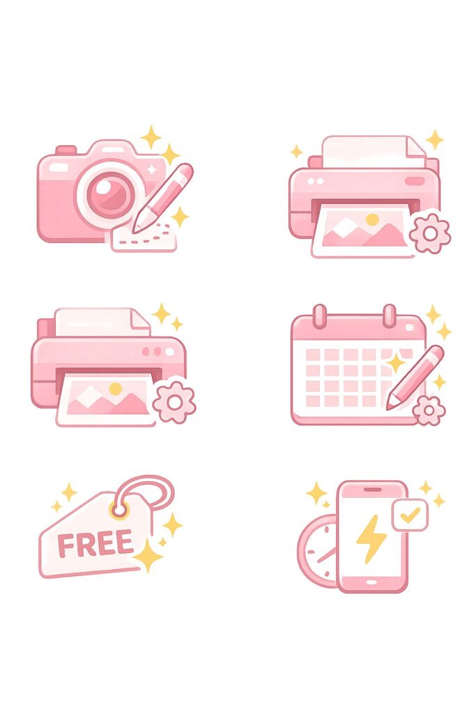 Koleksi enam ikon gaya pelekat (sticker style) berwarna merah jambu dan putih dengan kesan kilauan bintang kuning. Ikon merangkumi gambar kamera, pencetak (printer), kalendar dengan pensel, tanda harga "FREE", dan telefon pintar yang sedang mengecas.