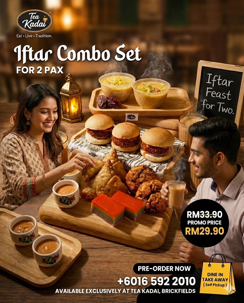 Imej promosi yang menampilkan pasangan muda sedang menikmati Iftar Combo Set. Di sebelah kiri seorang wanita India berbaju tradisi sedang mengambil samosa, dan di sebelah kanan seorang lelaki sedang memegang gelas teh tarik, menunjukkan kepelbagaian pelanggan.