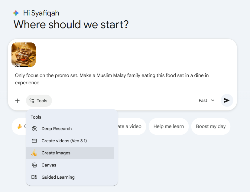 Tangkapan skrin bar carian Gemini yang mengandungi gambar promosi makanan "Iftar Combo Set". Menu "Tools" sedang terbuka dengan pilihan "Create images" diserlahkan. Terdapat teks arahan: "Only focus on the promo set. Make a Muslim Malay family eating this food set in a dine in experience."