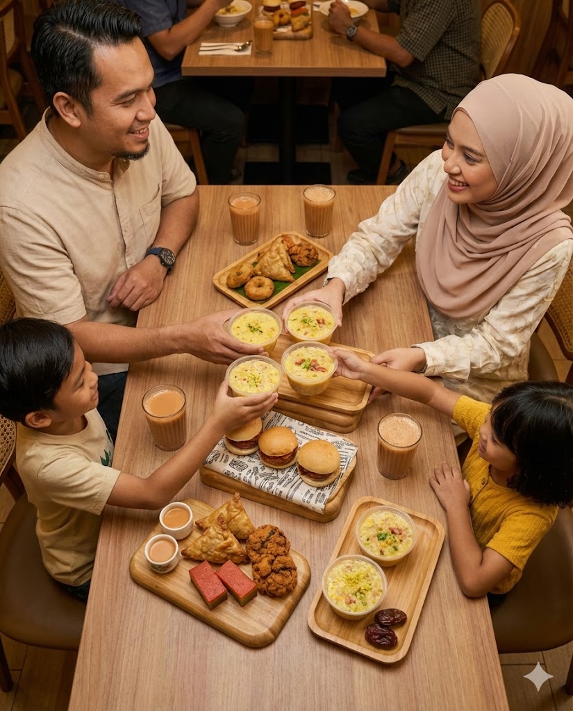 Foto dari sudut pandang tinggi (high angle) menunjukkan sebuah keluarga sedang duduk mengelilingi meja makan yang penuh dengan set kombo Iftar. Tangan ayah, ibu, dan anak-anak kelihatan sedang mencapai makanan dalam suasana yang akrab.