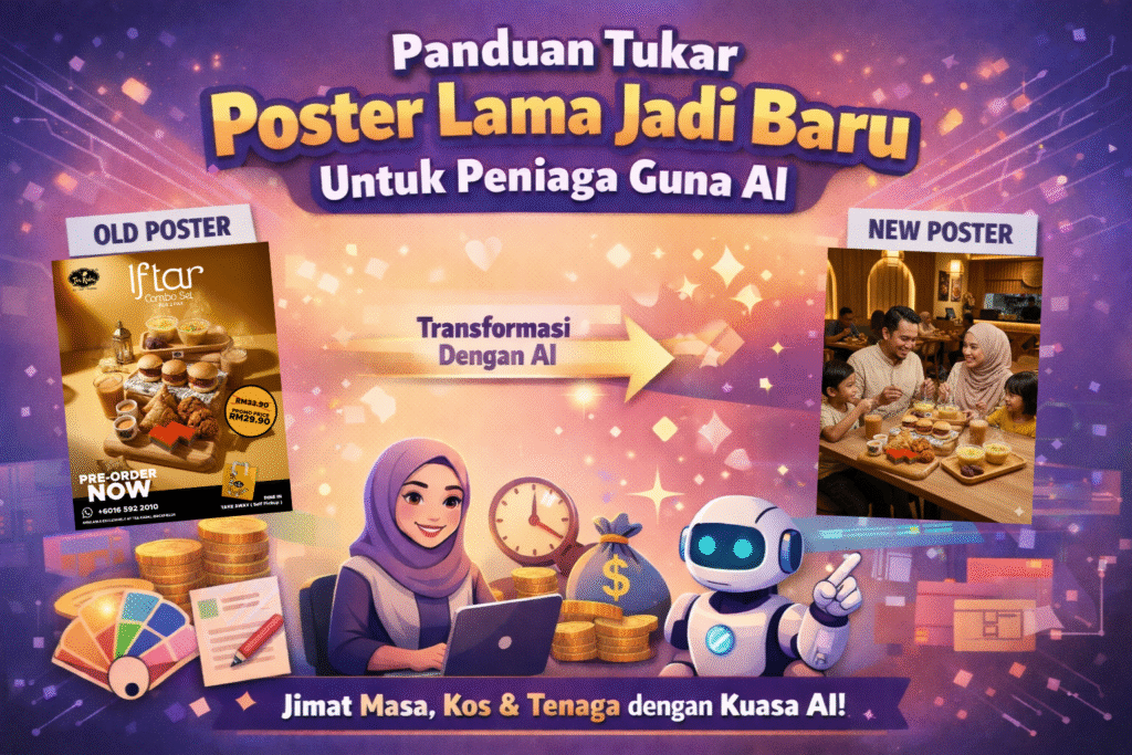 oster panduan bertajuk "Panduan Tukar Poster Lama Jadi Baru Untuk Peniaga Guna AI". Visual menunjukkan perbandingan antara poster asal (set makanan Iftar) dan poster baharu (keluarga sedang makan set tersebut) dengan label "Transformasi Dengan AI". Di bahagian bawah terdapat ilustrasi wanita bertudung menggunakan komputer riba bersebelahan robot AI, jam, dan timbunan syiling emas untuk melambangkan penjimatan masa dan kos.