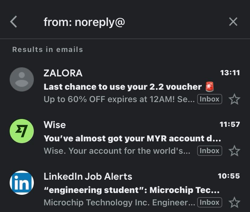 screen display output for from:noreply@