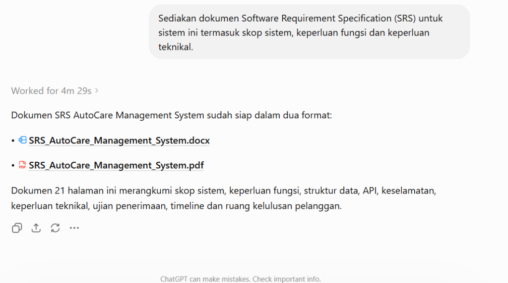 Paparan ChatGPT Work menunjukkan pautan muat turun dokumen SRS bagi AutoCare Management System dalam format Word dan PDF selepas proses penjanaan selesai.