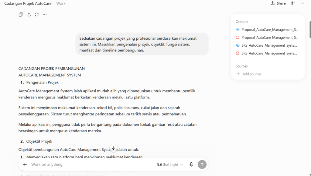 Antaramuka ChatGPT Work memaparkan draf "Cadangan Projek Pembangunan AutoCare Management System" yang merangkumi bahagian Pengenalan dan Objektif Projek, beserta senarai dokumen output yang dijana di bahagian sisi kanan.