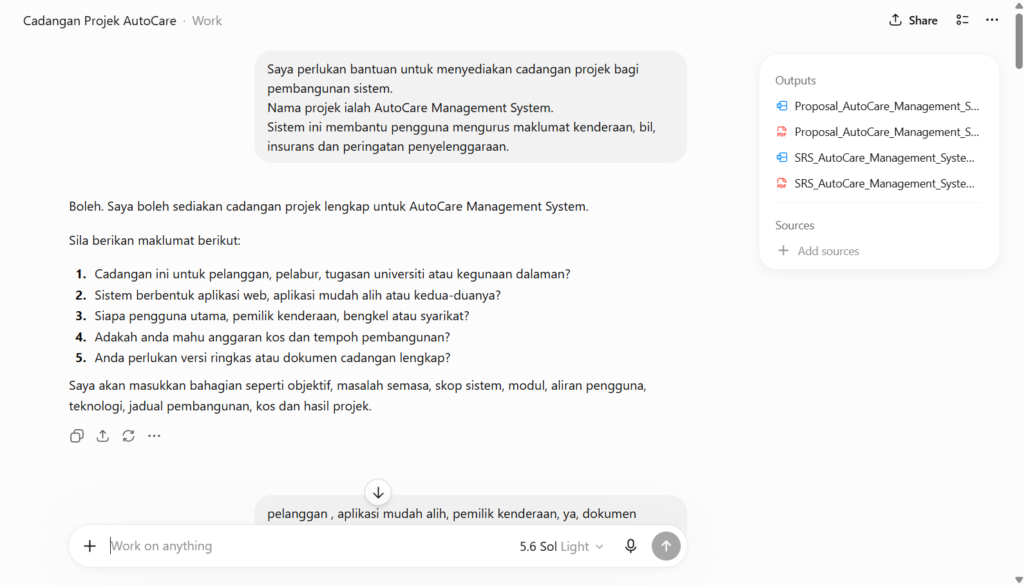 Tangkapan skrin antaramuka ChatGPT Work menunjukkan pengguna memasukkan maklumat draf awal untuk "Cadangan Projek AutoCare" dan menerima maklum balas daripada AI mengenai perincian sistem.
