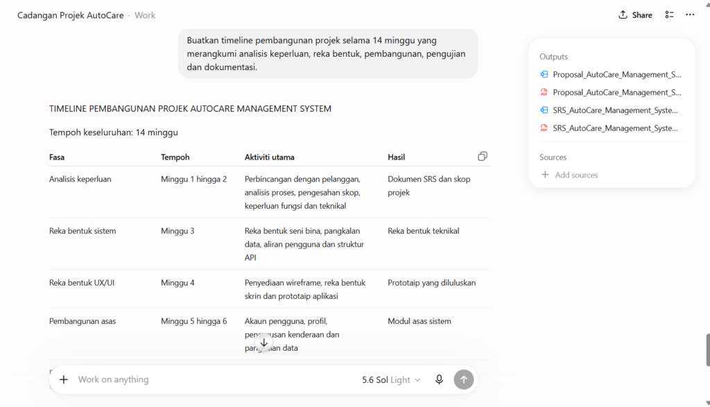 Antaramuka ChatGPT Work memaparkan jadual pelan masa (timeline) pembangunan projek AutoCare Management System yang dijana berdasarkan fasa, tempoh, aktiviti utama, dan hasil.