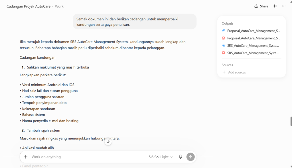 Paparan ChatGPT Work menunjukkan maklum balas AI yang memberikan cadangan penambahbaikan kandungan dan struktur untuk menyempurnakan dokumen SRS AutoCare Management System.