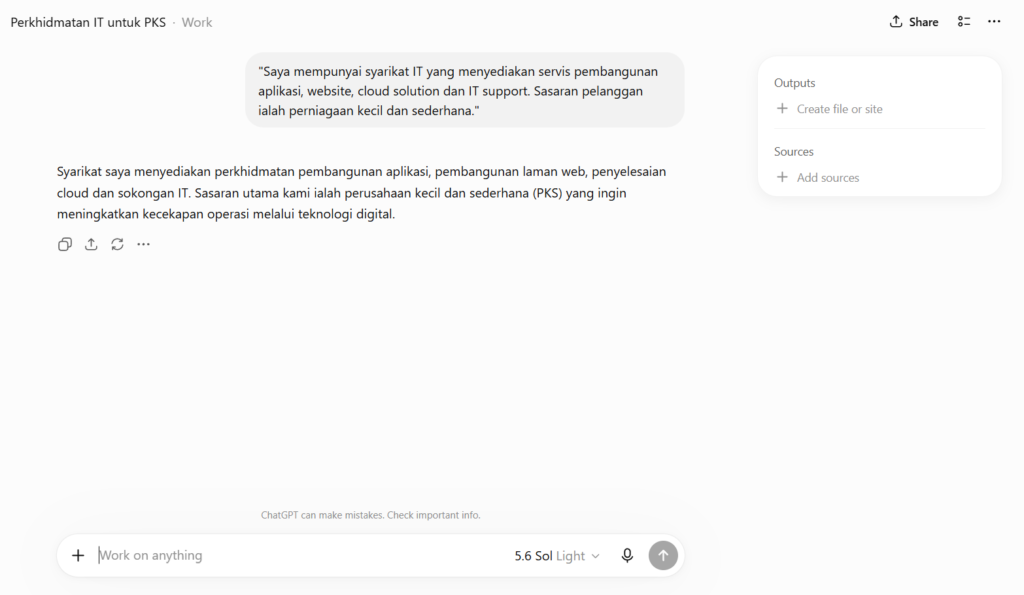 Tangkapan skrin ChatGPT Work memaparkan proses memasukkan profil perniagaan dan maklumat servis IT syarikat untuk analisis awal strategi pemasaran bagi sasaran PKS.
