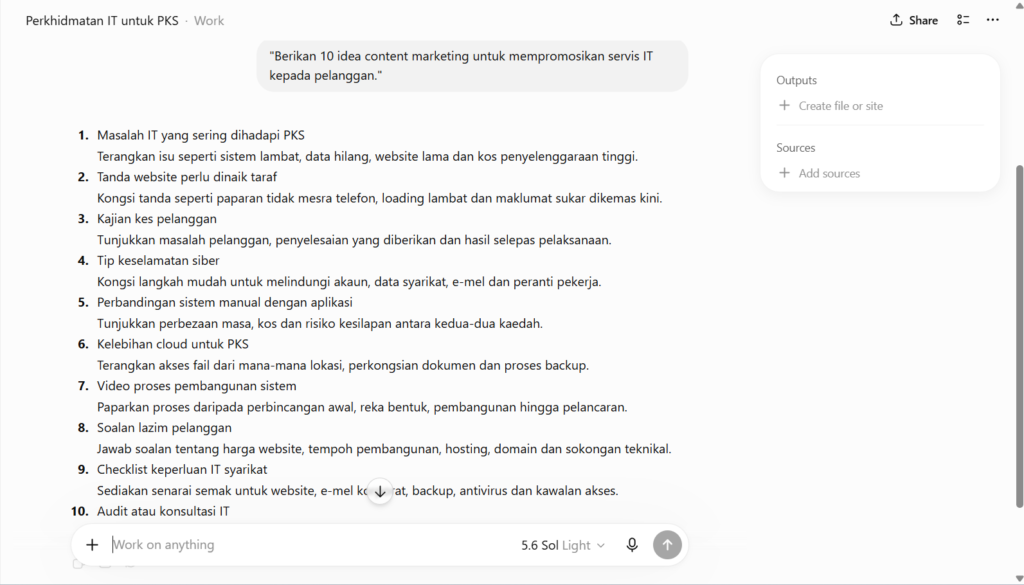 Paparan ChatGPT Work menyenaraikan 10 idea content marketing yang strategik untuk mempromosikan servis IT, merangkumi topik seperti masalah IT perniagaan PKS dan kelebihan pengkomputeran awan (cloud).