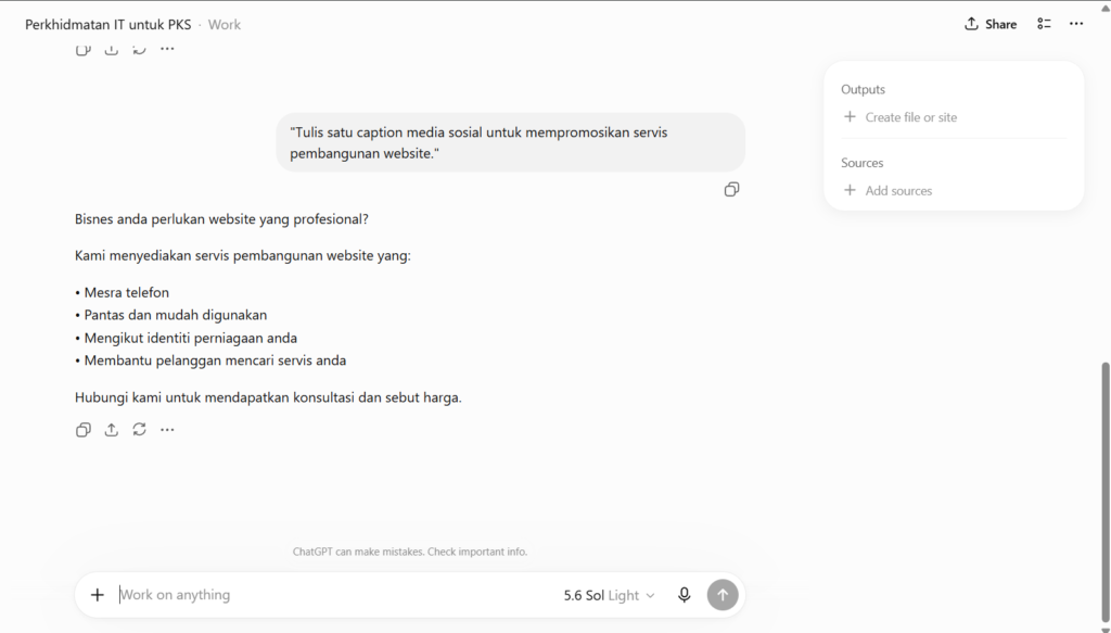 Hasil jana tulisan iklan (copywriting) oleh ChatGPT Work untuk teks promosi servis pembangunan laman web yang sedia digunakan di media sosial.