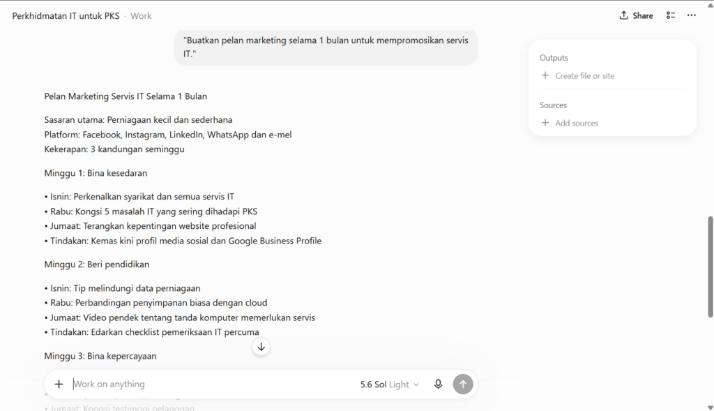 Tangkapan skrin ChatGPT Work memaparkan draf "Pelan Marketing Servis IT Selama 1 Bulan" yang dijana secara mingguan untuk platform media sosial dan e-mel bagi menyasarkan perniagaan PKS.