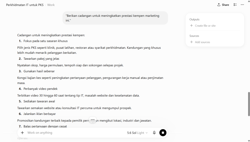 Paparan ChatGPT Work menyenaraikan cadangan strategik untuk meningkatkan prestasi kempen pemasaran servis IT, seperti memfokuskan sasaran pelanggan khusus, menawarkan pakej jelas, dan memperbanyakkan video pendek.