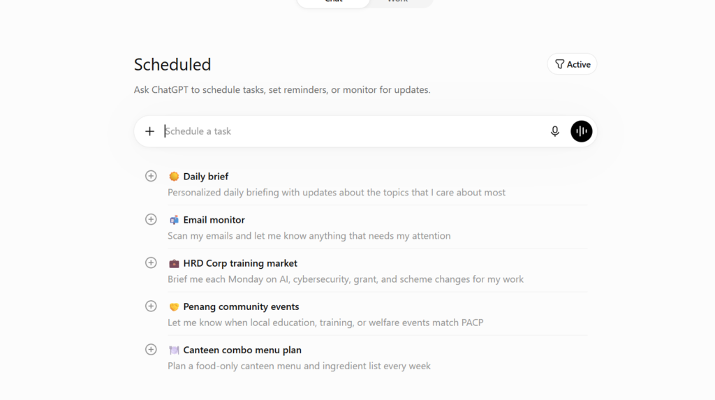 Paparan antara muka "Scheduled" di ChatGPT yang menyenaraikan ciri penjadualan tugas, termasuk Daily brief, Email monitor, HRD Corp training market, Penang community events, dan Canteen combo menu plan.