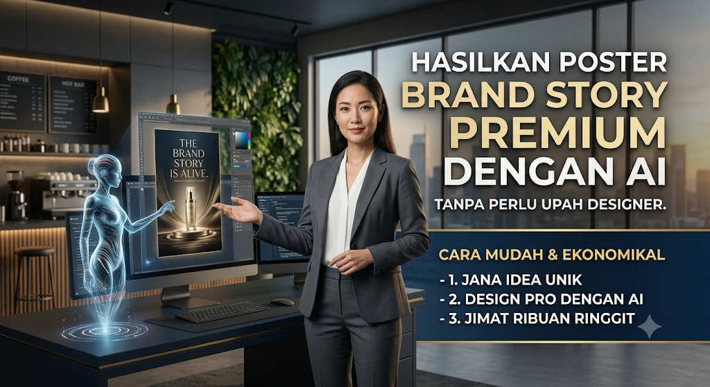 Seorang wanita berkot menunjukkan skrin komputer dengan rekaan poster produk premium, di samping hologram AI. Teks promosi menyatakan "Hasilkan Poster Brand Story Premium Dengan AI Tanpa Perlu Upah Designer."