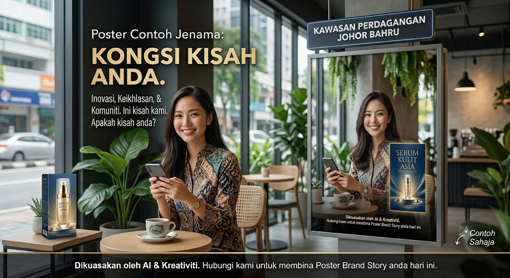 Wanita tersenyum memegang telefon di sebuah kafe di Kawasan Perdagangan Johor Bahru, bersebelahan paparan papan iklan digital dan kotak produk Serum Kulit Asia. Teks gambar bertulis "Poster Contoh Jenama: Kongsi Kisah Anda."